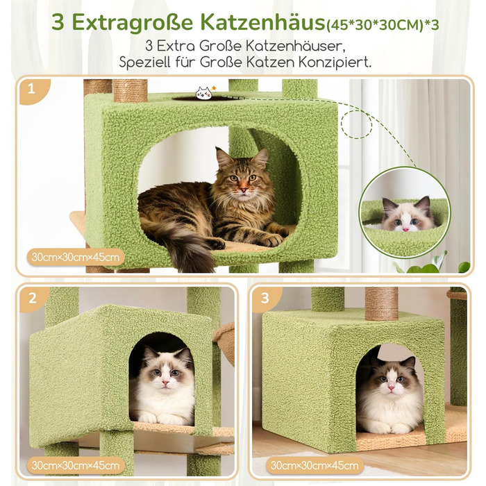 Комплекс для котів Globlazer XXL (203 см) для 4-6 великих котів, з 3 будиночками, платформами, кошиком та іграшками, стійкий, зелений