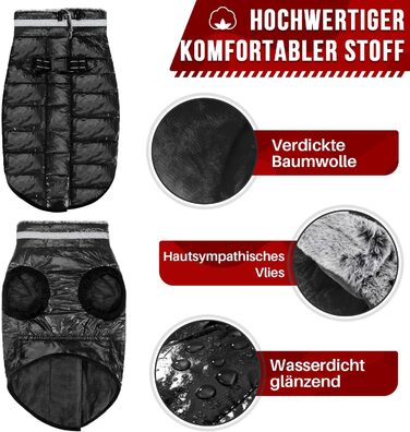 Звуковий теплий зимовий куртка для собак з флісовим коміром, куртка для собак з двома блискавками, відображає світло, для малих, середніх та великих собак (Чорний, XL)