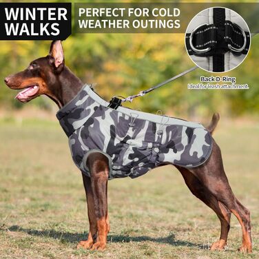 Водонепроникний теплий зимовий одяг для собак - куртка з отвором для шлейки, з відбиваючими смугами, для малих, середніх та великих собак, колір: сірий камуфляж, розмір: S