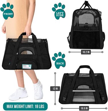 Транспортна сумка для тварин PetAmi, чорна, велика (19.5'L x 10.2'W x 12'H), сертифікована для авіаперевезень, з м'якими стінками та вентиляцією