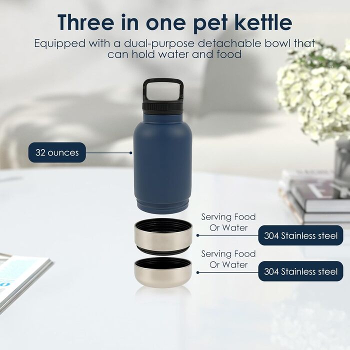 Вода для собак 3 в 1: пляшка, миска, ізоляція. 900 мл, нержавіюча сталь, BPA-Free. Ідеально для прогулянок та подорожей