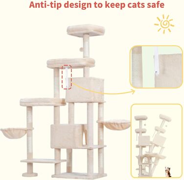 Котячий будиночок Hey-brother Kratzbaum з подовженою частиною, широкими платформами, затишними печерами, гамаками, сизалевими стовпчиками та м'ячиком для котів, 178 см, MPJ038W (Бежевий)