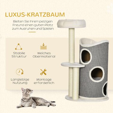 Котячий комплекс PawHut 109 см з когтеточкою та лежаком, біло-сірий, меблі для котів із сизалевими стовпчиками та тунелем