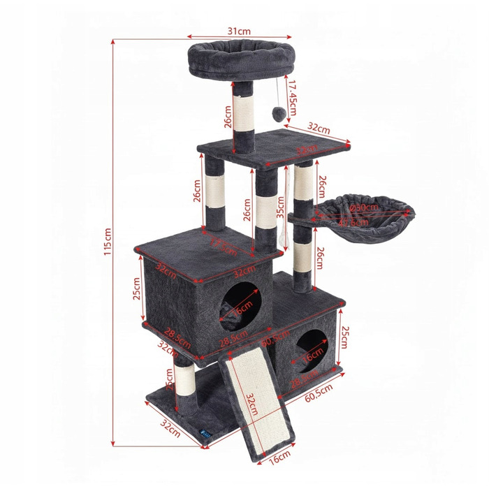 Ігровий комплекс для котів: будинок-драпак з 5 рівнями та стовпчиками, 115 см (F200)
