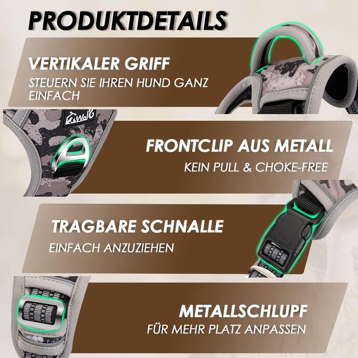 Шлейка для собак Eyein для великих собак, анти-тягу, з 2 карабінами та зручною ручкою, регульована та світловідбиваюча, з м'якою підкладкою, для щоденних тренувань (Tarngrau, XL), XL (55-83см, 50-94см) Tarngrau