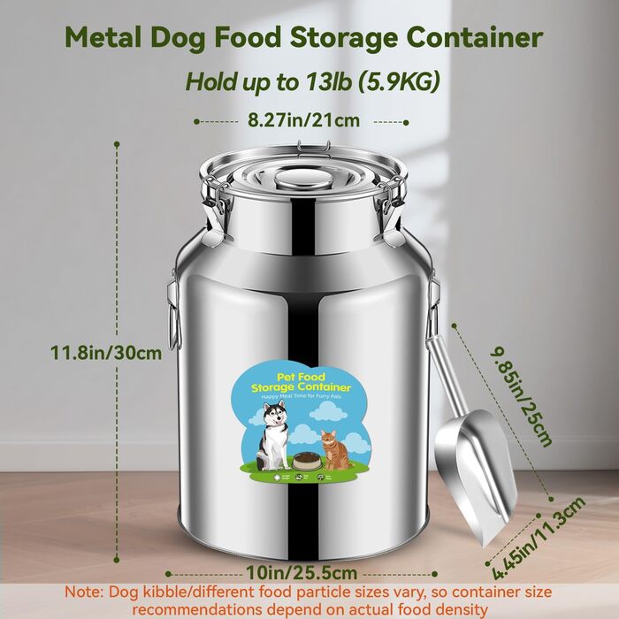 Контейнер для корму для собак та котів з нержавіючої сталі, 5,9 кг, з герметичним кришкою та лопаткою