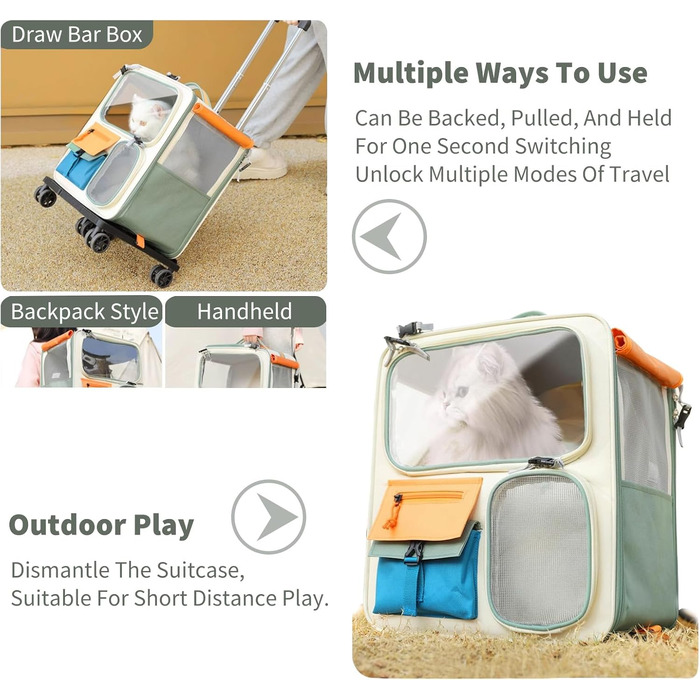 PETCUTE Рюкзак для собак з візком, 2-в-1, рюкзак для котів великих порід з колесами, дихаючий рюкзак-переноска для собак з вийманим килимком, складаний рюкзак для тварин для цуценят Бежевий+Зелений