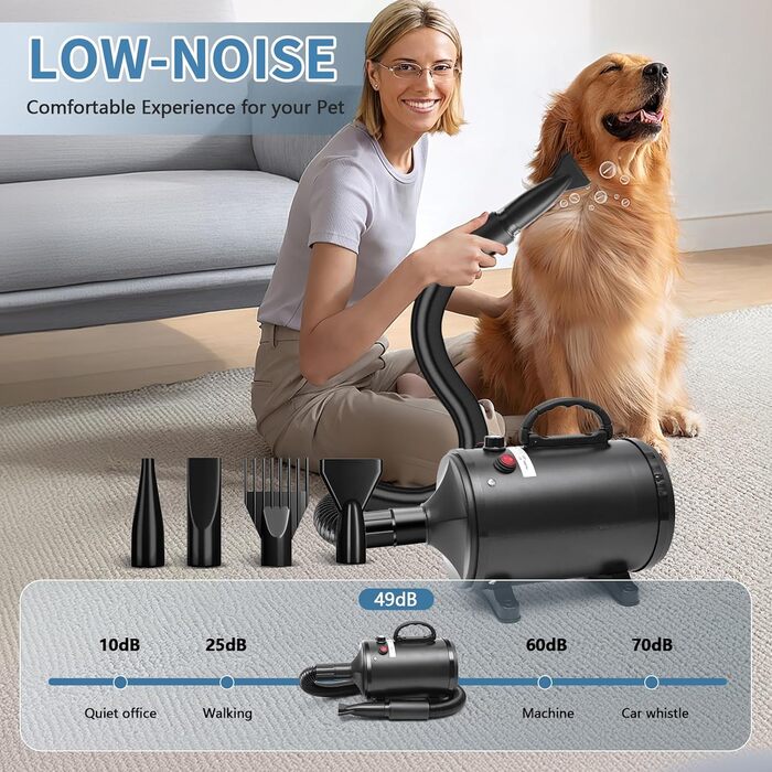 Фен для собак, 2800W, регулювання швидкості та температури, тихий, 4 насадки, для професійного та домашнього використання (Чорний)