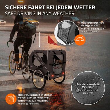 Фаркоп-причіп для велосипеда Hauki 2-в-1: для собак та дітей, сірий, 130x72x90 см, до 40 кг, з відбивачами, мотузкою та прапорцем