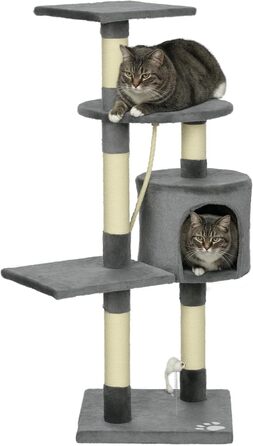 Котячий будиночок PawHut: когтеточка, кріплення для іграшок, платформа, печера, 116 см, сірий