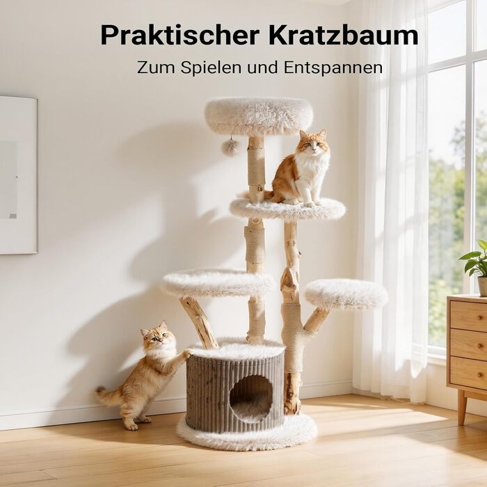 Дряпачка для котів Fudajo Forest Tree 137-146 см, ігровий комплекс у стилі натурального дерева з будиночком, ліжками та іграшковим м'ячем