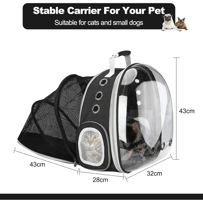 Рюкзак для кота та собаки Galatée, розширюваний, з вентиляцією, для подорожей, кемпінгу та хайкінгу (чорний)