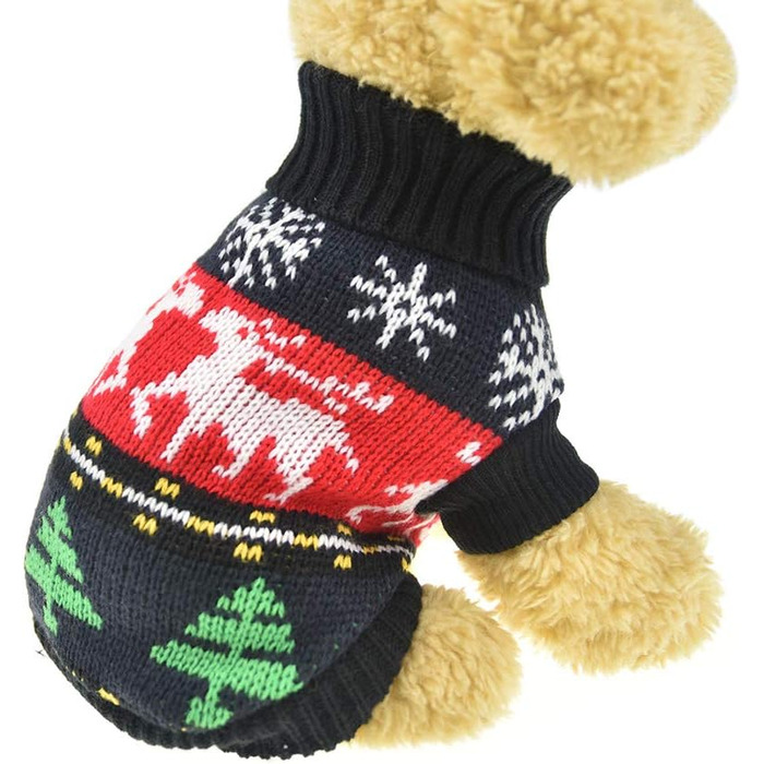 Теплий зимовий светр для собак на Новий рік з оленем, чорного кольору, розмір S (обхват грудей 34,8 см), для дрібних та середніх порід (Даксель)