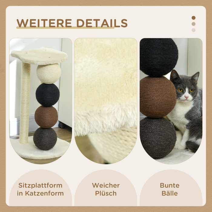 PawHut Cat Tree з великими сизалевими кулями Ø15 см, Stable Cat Tree до 30 кг, платформа бежева, 38 x 38 x 64 см