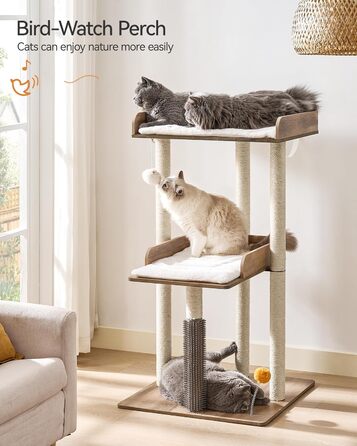 FourFurPets котячий комплекс 111 см, сучасний котячий тур, будиночок для великих дорослих котів, когтеточка, велика лежанка, знімні подушки, для дому, Greige