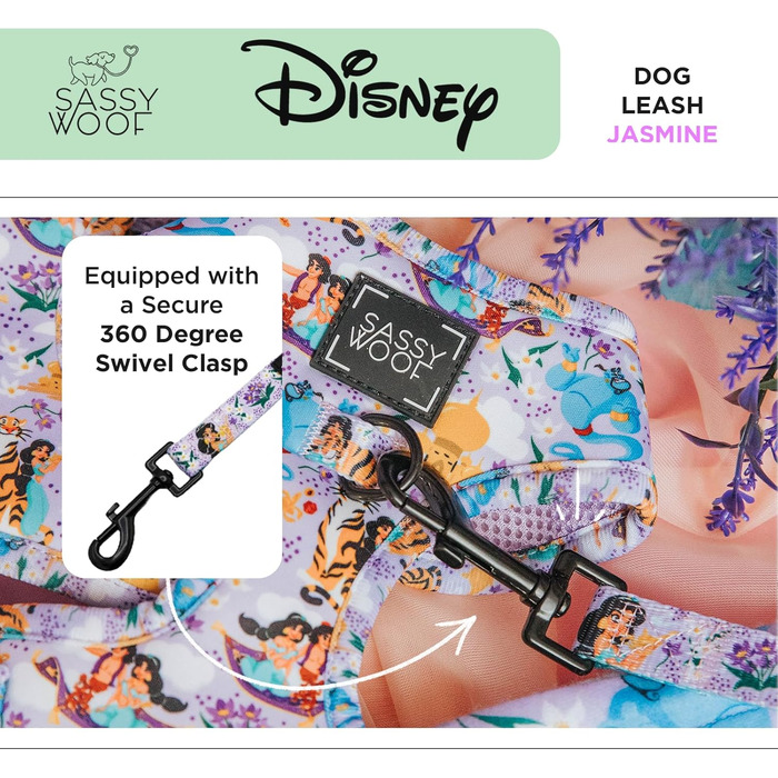 Повідок для собак Sassy Woof Disney Princess Jasmine, 152 см, з неопреновою ручкою, офіційна ліцензія, міцний і стильний, для малих і великих собак