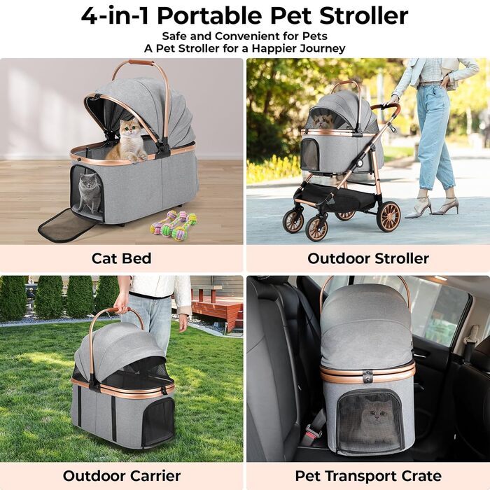 Візок для собак MAMIZO 4-в-1, до 25 кг, з амортизаторами, складний, для котів та собак (сірий)