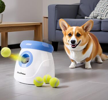 Автоматична машинка для запуску м'ячів Pet Prime для собак, інтерактивна іграшка-ланчер з 3 тенісними м'ячами, дистанція кидка 3-9 м, для малих та середніх порід (білий/синій)