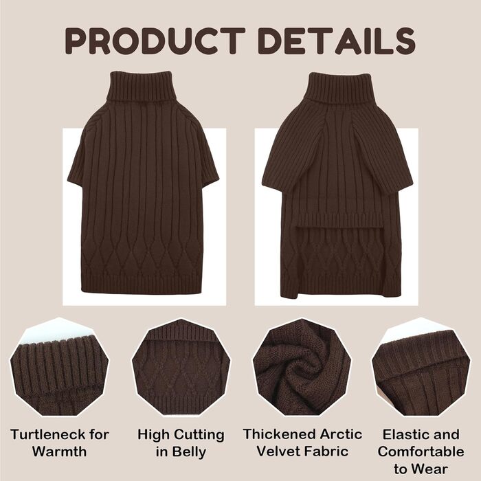 Теплий зимовий/осінній пуловер для собак великих порід, з коміром-стійкою, коричневого кольору, розмір XXXXX-Large