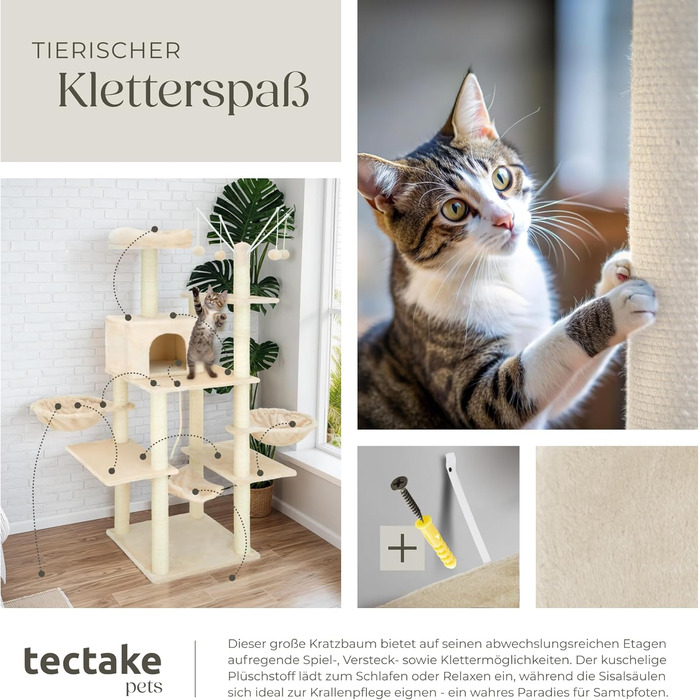 Котячий комплекс tectake XXL 165 см, бежевий – будиночок, гамак, лежанки, іграшки, сизалевий стовп, когтеточка