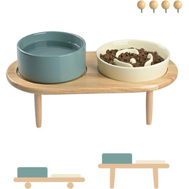 Набір керамічних мисок для собак та котів SpunkyJunky: миска проти запобігання ковтання + підставка з бамбука (Бежевий + Темно-зелений), Ø15.5 см