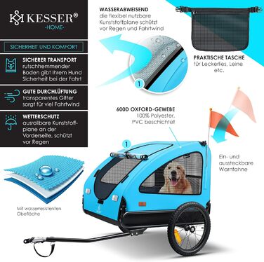 Великий велосипедний причіп-візок для собак KESSER Boxer 2-в-1, 250 л, складаний, 600D Оксфорд, до 45 кг, з прапорцем і сумкою