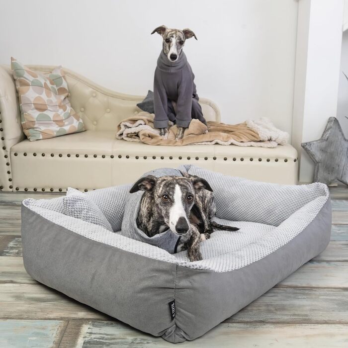 Квіткове ліжко для собак Teo 100x80 см, сіре - м'яке, знімний чохол, для собак середніх порід
