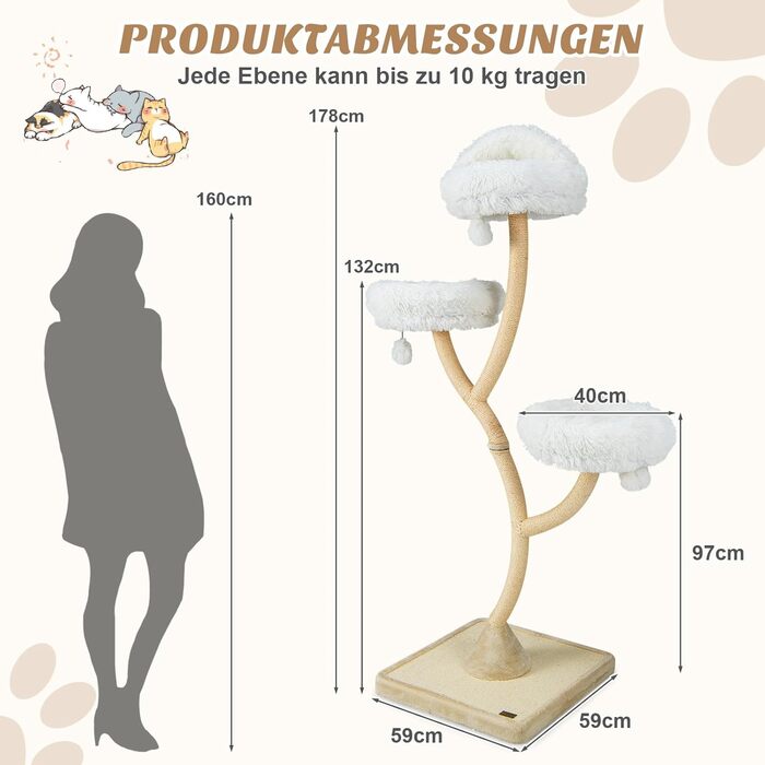 Кігтеточка GOPLUS 178 см з 3 лежаками, м'ячиками та сизалевими стовпчиками для котів та кошенят (Бежева)