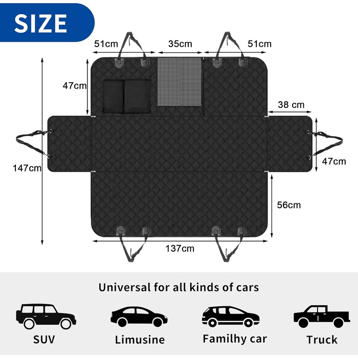 Захист для автосидіння собаки Sosayet - 4-в-1: бокові захисти, вікно, ремінь безпеки. Водостійкий, антиковзний, стійкий до подряпин. 137 x 147 см, підходить для легкових автомобілів, SUV та мінівенів