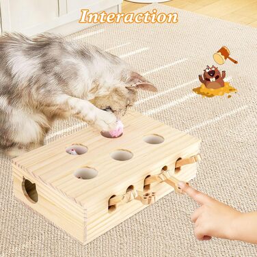 Інтерактивна іграшка для котів BOHJPIS з дерева: мишка-молот, пазл-коробка з іграшками, 5 отворів для тренування та розваг