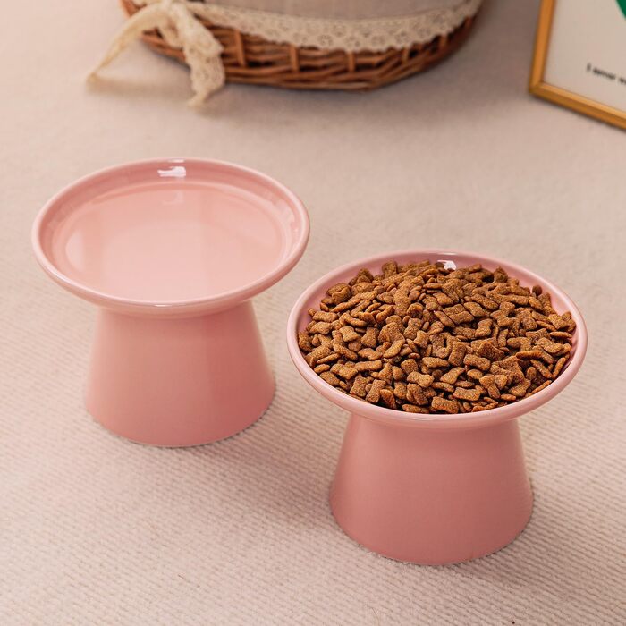 Набір мисок для котів та собак KITCHENLESTAR: великі, керамічні, підняті, рожеві (2 шт.)