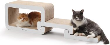 PetRhein 3-в-1 Кігтеточка для котів, велика XXL картонна кігтеточка, багатофункціональні меблі для котів з пандусом та будиночком, розтягується до 116 см, міцна завдяки стільниковій структурі, килимок для кількох котів