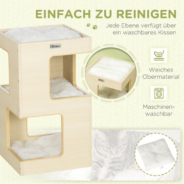 PawHut Cat Cave 3-х ярусна шафа для кішок Кімнатний будиночок для кішок з дубовою подушкою та іграшкою 34x34x60см для любителя кішок