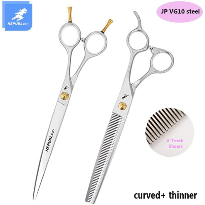 Професійний набір ножиць для грумінгу домашніх тварин 19,1 см, для собак, прямі та зігнуті ножиці, фінішна ножиця VG10 сталь (зігнута та тонка)