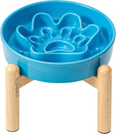 Миска для собак LE SERVETA Slow Feeder з кераміки, піднята, 3 миски, з дерев'яною підставкою, для собак середніх та великих порід, інтелектуальна миска-пазл (Блакитна)