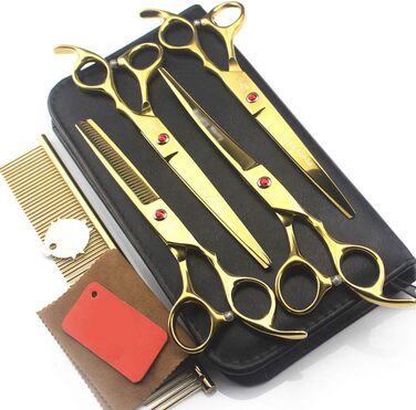 Набір ножиць для грумінгу собак, 7 дюймів, професійний набір для догляду за тваринами, нержавіюча сталь, вигнуті ножиці, ножиці для розрідження, гребінець для грумінгу собак і котів, 5 шт. (Золотий)