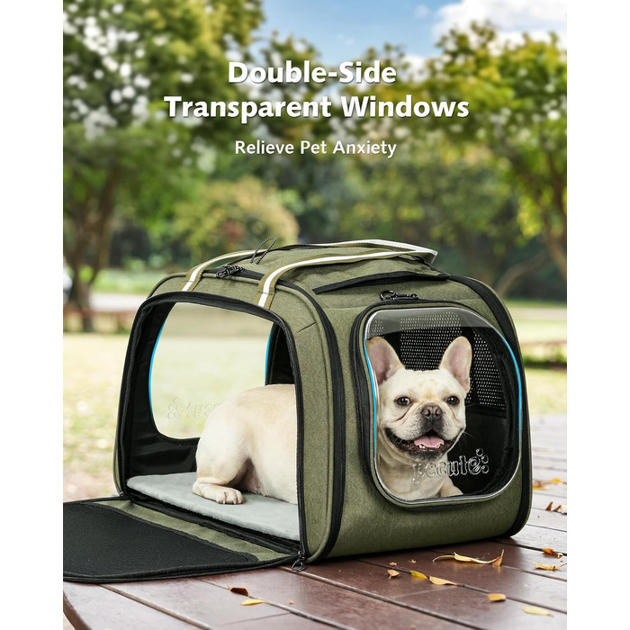 Переноска для котів та собак Pecute XL (55x38x35 см) - складна сумка-переноска з вікном, м'яким килимком, для авто, подорожей, ветеринара, зелена