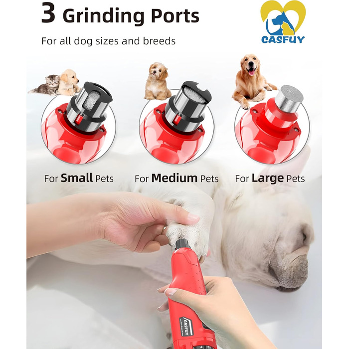 Електричний точило для кігтів собак Casfuy - 6 режимів, 45 дБ, з LED-підсвічуванням, для собак та котів великих, середніх та малих порід. Червоний
