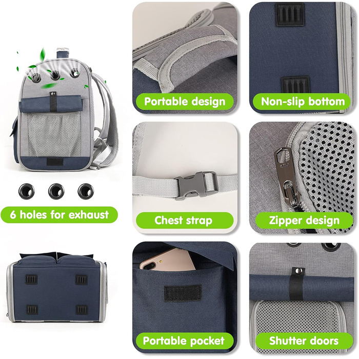 Рюкзак для тварин PETCUTE: переноска для собак та котів, з виймальною підстилкою та ременем безпеки, зелений (блакитний)