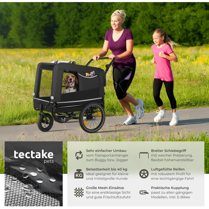 Причіп для велосипеда Tectake® - універсальний, для собак, велосипеда, електровелосипеда, візка, вантажопідйомність до 40 кг, складаний, швидкий монтаж, з аксесуарами безпеки, чорний