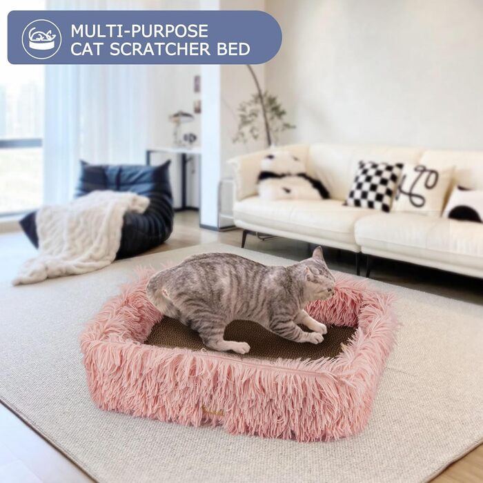 Котячий когтеточка з картону з коробкою, міцна велика ліжко для котів, м'яка когтеточка з гофрокартону, знімна, двостороння, захист меблів (44×34×14см), рожевий колір