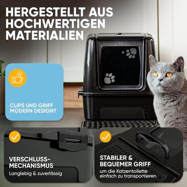 Котячий туалет CROPLAS з кришкою та вугільним фільтром, XXL, закритий, чорний, з килимком та совком – закрита туалетна коробка для котів для чистоти та контролю запаху