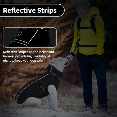 Зимовий одяг для собак Lelepet: теплий, вільний від вітру, з інтегрованим шлейкою, з флісовою підкладкою, світловідбиваючий, чорний, 3XL