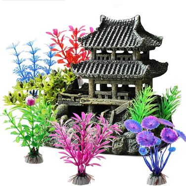 Декорація для акваріума ODOOKON: Стара будівля в східному стилі, 5 штучних рослин, 16x15x10 см