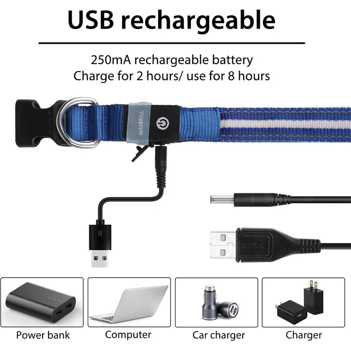 Світлодіодне нашийник для собак Masbri з підзарядкою, водонепроникний, з 3 режимами світіння, безпечний, для великих собак, (L, Синій)