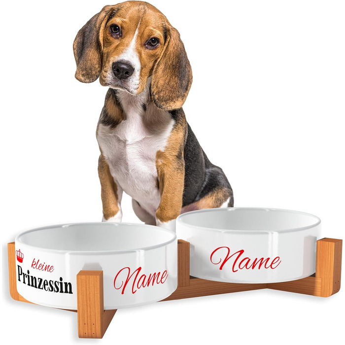 OWLBOOK Миска для собак з іменем, подвійна керамічна миска з бамбуковим підставкою, 300 мл