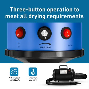 Фен для собак Blower - тихий, 4.5 PS / 3200W, регулювання швидкості, 4 насадки, синій