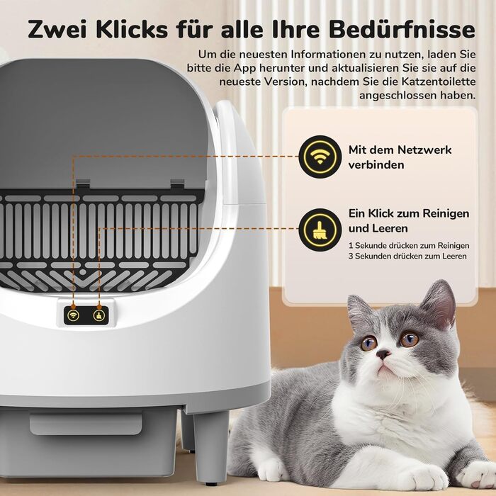 Автоматичний лоток для котів Katzenklo з самоочищенням, з датчиком безпеки та керуванням через додаток, великий об'єм, антизажим, відкритий тип