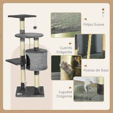 Котячий будиночок PawHut: когтеточка, кріплення для іграшок, платформа, печера, 116 см, сірий