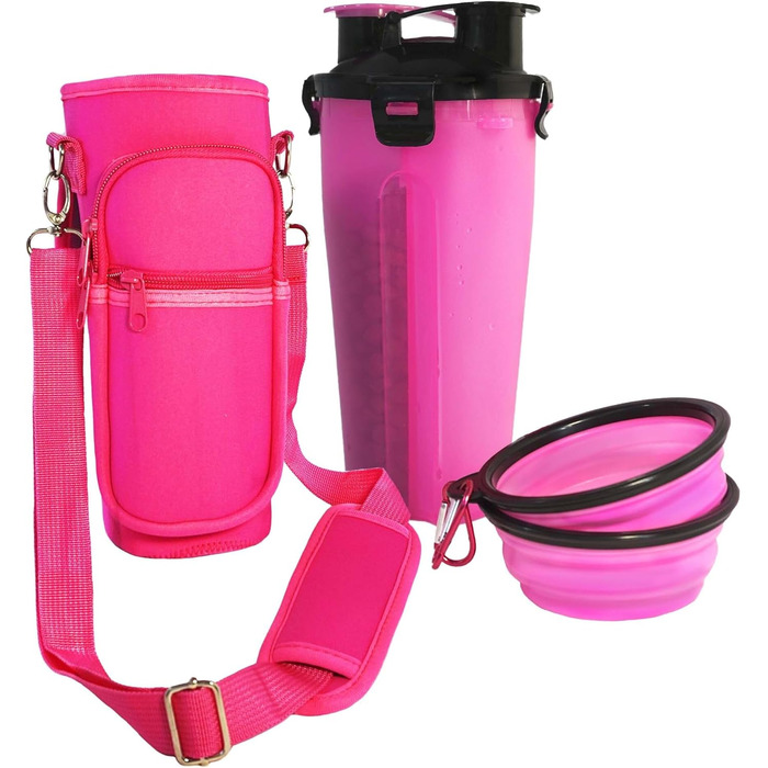 Транспортування фляга для води для собак, включаючи неопренову обгортку, миска для собак, ударостійка та стійка до подряпин, рожева
